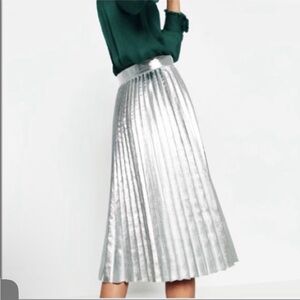 Zara Woman Metallic Silver Pleated Midi Skirt